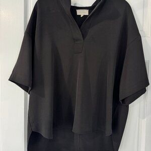Melloday Black Popover Blouse Medium | Collared V-Neck Relaxed Tunic Top